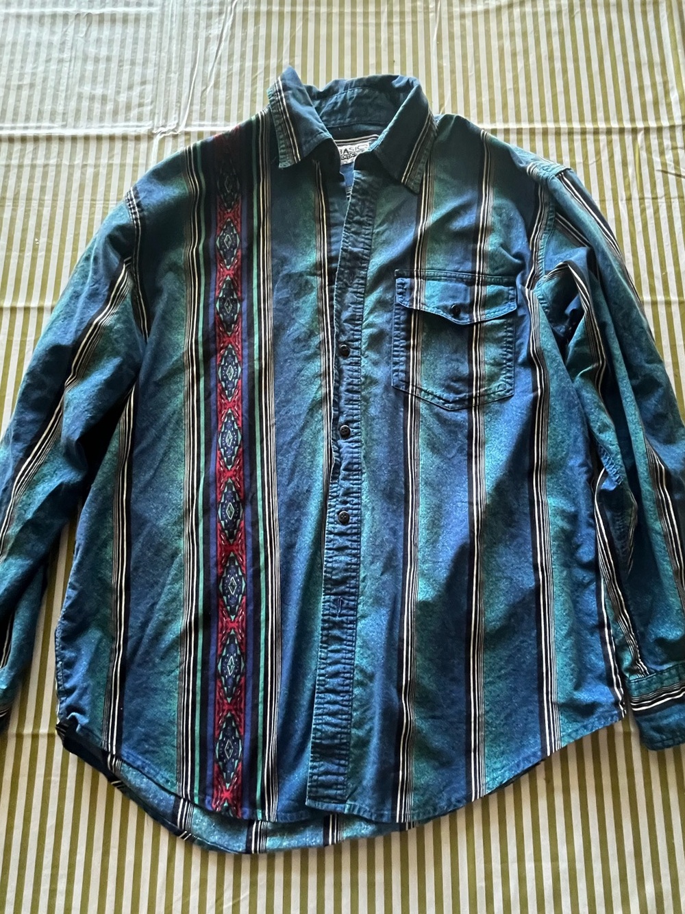 Basic Editions Teal Striped Button-Down Shirt with Red Accent